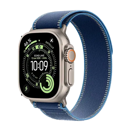 Apple Watch Ultra 3 (2025), 5G, 49mm, Natural Titanium Case, Trail Loop S/M, Blue/Bright Blue