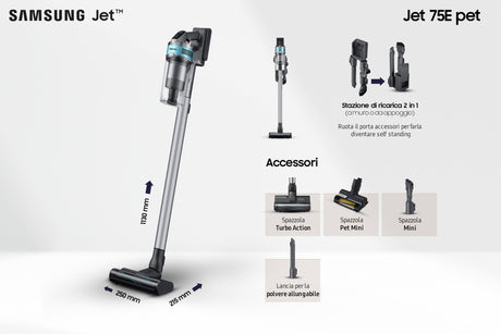 Samsung Jet 75E Pet, VS20B75AGR1, 2-in-1-Stabstaubsauger, Beutellos, Multizyklonisch, Schwarz